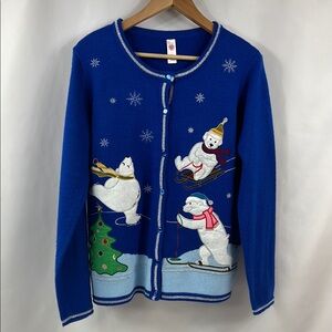 Vintage‎ Blue and White Polar Bear Cardigan Sweater Size Large
